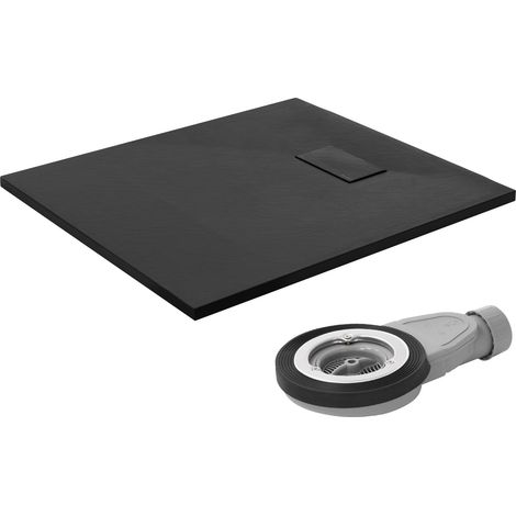 LuxeBath Duschwanne 90x80 cm Schwarz mit Ablaufgarnitur, Extra flache und robuste SMC Duschtasse, Rechteckige Brausewanne H:30 mm, Design Brausetasse Anti-Rutsch-Oberfläche in Schieferoptik mit Siphon (1/5)