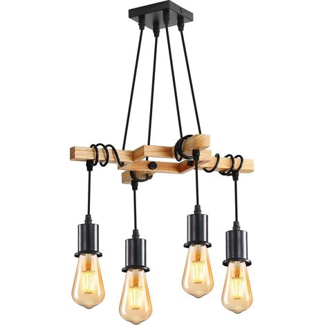 Suspension industrielle, lustre en bois E27, hauteur réglable, convient pour salon, cuisine, chambre à coucher, 4 ampoules non incluses (1/5)