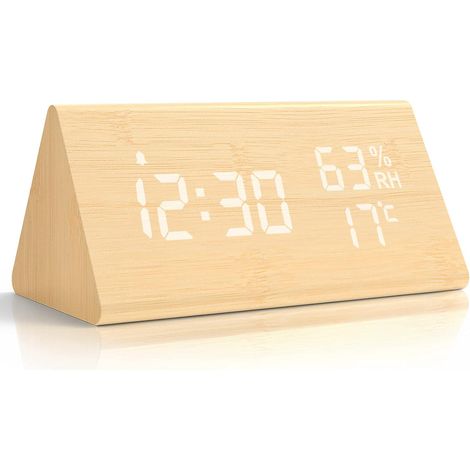Réveil numérique en bois, horloge digitale avec fonction snooze/date/température et humidité - bambou (1/5)