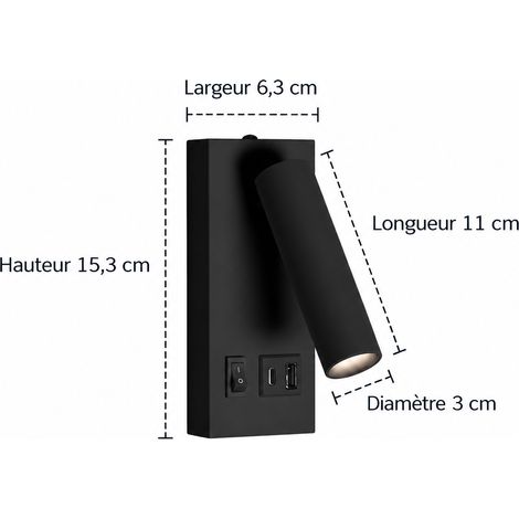 Applique murale liseuse LED chevet rotative avec port USB 3 W noir lumière chaude 370 g – Livraison gratuite