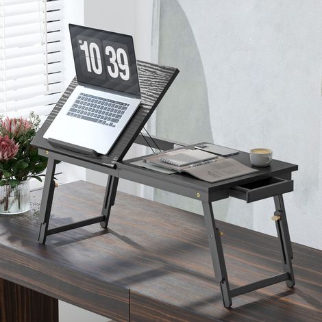 Klappbarer und verstellbarer Betttisch, Laptop-Betttablett aus Bambus mit neigbarer Ablage, 83,5 x 33 x 34 cm, schwarz