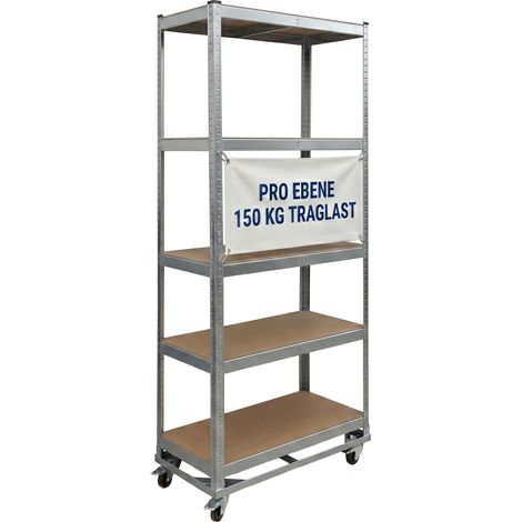 Relaxdays Schwerlastregal auf Rollen, HxBxT: 191 x 90 x 45 cm, 750 kg, 5 Böden, Stahl, Stecksystem, Lagerregal, silber