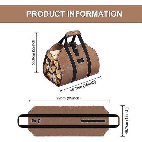 Holztragetasche, Holztragetasche aus Segeltuch, tragbarer Holzkorb für Kamine, Holzöfen, Brennholz, Camping, Strand – 100 x 46 cm