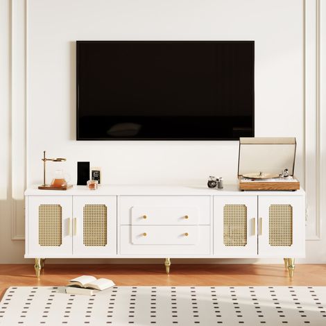 Mobile TV 175 cm bianco con 4 ante effetto rattan PVC, 2 cassetti e piedini dorati DESVIAE (1/5)