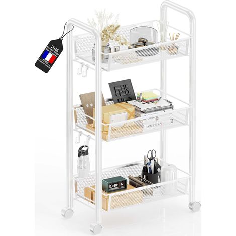 Chariot de Rangement à 3/4/5 étagères Coulissant Chariot de Rangement Mobile pour Cuisine,roulettes en Plastique verrouillables,Matériau métallique,pour Salon (Blanc, 3 niveaux) (1/5)