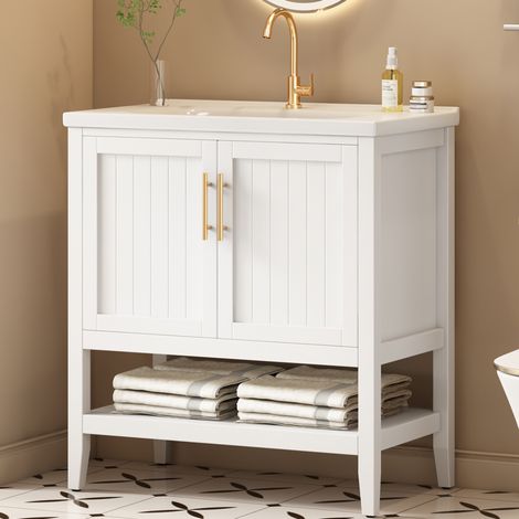 Mueble de baño con lavabo 80 cm con patas en MDF y lavabo de cerámica blanco HAVRYA (1/5)