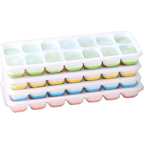 Bandeja reutilizable para cubitos de hielo de 4 piezas con tapa 14 compartimentos, apta para alimentos y fácil de desmoldar. (1/5)