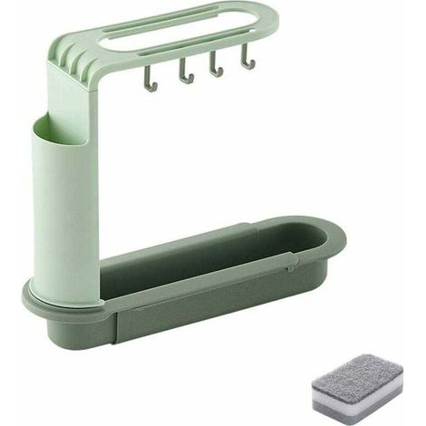 Étagère de rangement télescopique pour évier, égouttoir réglable, panier de drainage pour évier de cuisine avec une éponge de nettoyage (vert) (1/5)