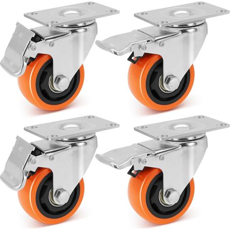 Roulettes Pivotantes 75mm avec 4 Frein, Jusqu'à 450KG Roulette Charge Lourde avec Double Blocage, Polyéthylène Roulettes pour Tous Les Sols, Meuble, Étagères, Coffres à Jouets, lot de 4 (1/5)
