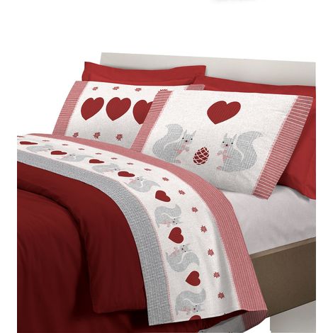 Completo letto set lenzuola 100% cotone di flanella linea Scoiattolo Matrimoniale - Rosso