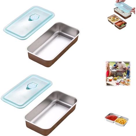 Boîtes repas en acier inoxydable, lot de 2, étanches, avec 1 compartiment, pour école, travail et transport, bleu (1/5)