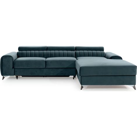 Canapé d’angle convertible GRENKY en velours avec coffre et têtières réglables – 278cm angle droit-Bleu canard-angle droit (1/5)