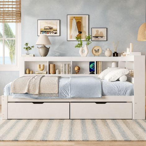Lit-banquette 140 x 200 cm avec 2 tiroirs, prise et 2 ports USB, blanc, REDOM (1/5)