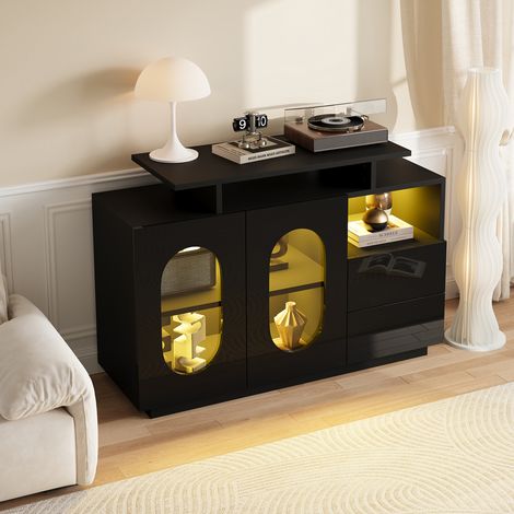 LED-Buffet mit 2 Glastüren,2 Schubladen und Staufächern,120x40x80cm,moderner Esszimmerschrank mit Schließfächern,Schlafzimmer Hochglanzschwarz