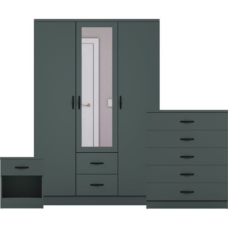 Riano 3 Piece Bedroom Set (1 Drw Bedside Chest, 5 Drw Chest, 3 Dr 2 Drw Mirrored Wardrobe), Green (1/3)