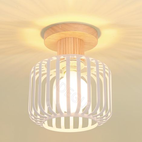 Vintage Plafonnier 18CM Lustre Industriel en Métal Cage avec Décor Bois Suspension Abat-Jour Lampe de Plafond Rétro Luminaire E27 Éclairage Décor pour Chambre Salon Café Entrée Couloir (Blanc) (1/5)