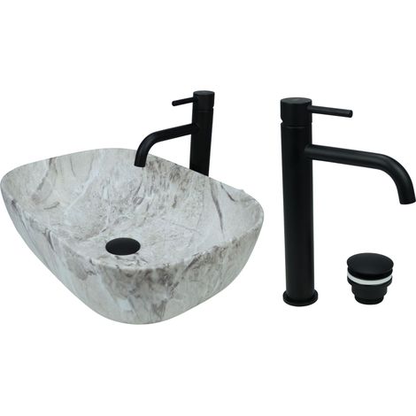 GTM Design Aufsatzwaschbecken 46 cm Matt Set mit Waschtischbatterie und Stopfen - Aufsatzwaschbecken Oval für Badezimmer - Modernes Waschbecken ohne Hahnloch - Waschbecken mit Armature (1/5)