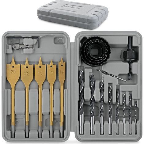 Juego de 21 piezas que incluye una sierra de corona, una broca de centrado y una broca plana, ideal para trabajos de carpintería y una instalación rápida. (1/5)