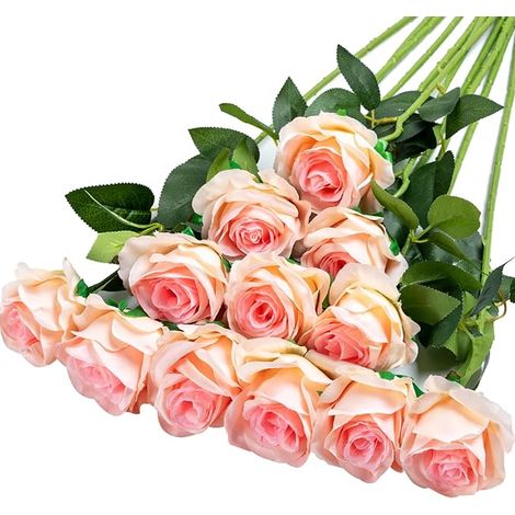 Bouquet de 12 roses artificielles en soie réalistes, tiges longues, décoration maison mariage fête, rose dégradé clair, fleurs faux élégantes (1/5)