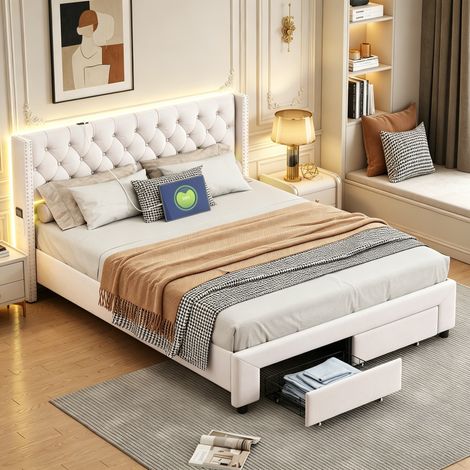 Lit double 140x190 cm, Lit capitonné clouté, éclairage LED, USB charge, 2 tiroirs de rangement et poche de rangement latérale, sommier à lattes en bois (1/5)