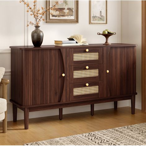 Credenza contenitore 141 cm in MDF noce con cassetti in rattan -CHICFURN (1/5)