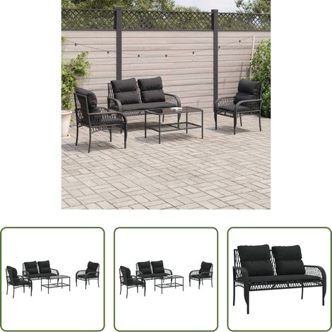 Gartensessel - 4-tlg. Garten-Sofagarnitur mit Kissen Schwarz Poly Rattan (1/5)