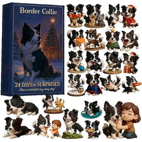 Calendrier de l'Avent 2025 avec bordures planes 2D, motif Collie, 24 pendentifs chiens en acrylique différents, cadeau de Noël pour les amoureux des chiens (1/4)