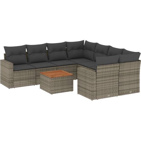 Set de muebles de jardín 9 pzas y cojines ratán sintético gris vidaXL (1/5)