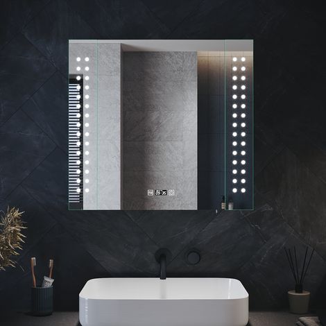 ELEGANT Bathroom Cabinet with Shaver Socket Bathroom Mirror Cabinet, Soft Close Door Demister Pad Clock Display Stainless Steel 650x600x130mm