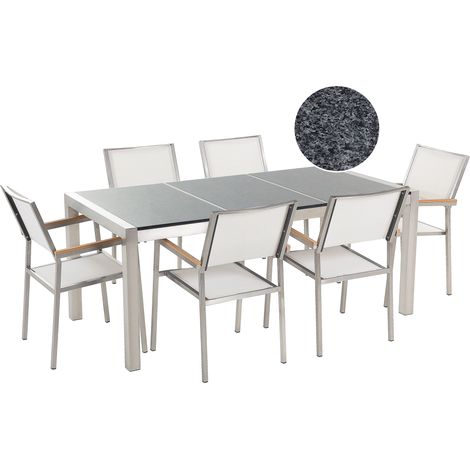 Conjunto de comedor de jardín blanco con mesa 180 x 90 cm de granito gris 6 sillas Grosseto