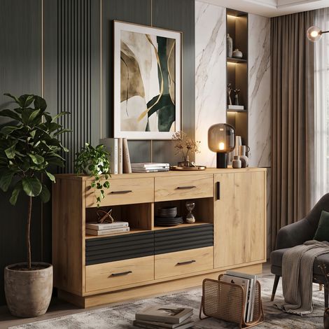Creahappy Enfilade Buffet Salon 140x35x70 cm - Optimisation de l'espace avec 6 Tiroirs & 1 Porte - Style Contemporain Chêne et Noir