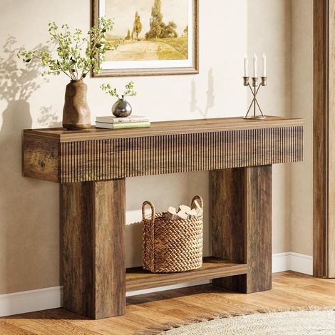 Tribesigns Table d'entrée avec Rangement 140 cm, Console de Style Fermier pour Couloir, Table Basse à Deux Niveaux pour derrière Le canapé, Console en Bois Rustique pour Salon et Hall d'entrée (1/5)
