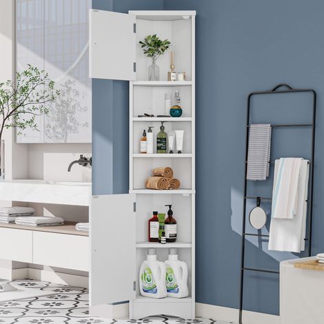 Mobile bagno angolare in MDF bianco 37x24,5x170 cm con 2 ante, 3 ripiani aperti e ripiani regolabili