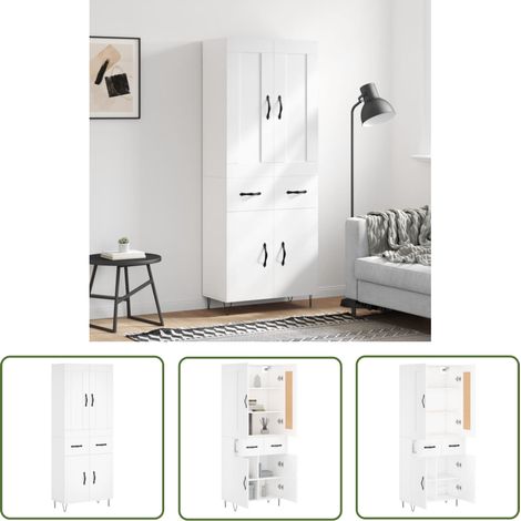 The Living Store Buffet haut Blanc 69,5x34x180 cm Bois d'ingénierie - Buffet Design Moderne - Meuble Rangement Blanc - Armoire Cuisine - Buffet Bas Prix - Commode Salon (1/5)