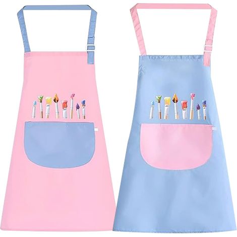 Tablier Enfant - Lot De 2 - Polyester Imperméable - Poche Et Bretelles Réglables - Peinture Cuisine École - Bleu Et Rose (1/5)