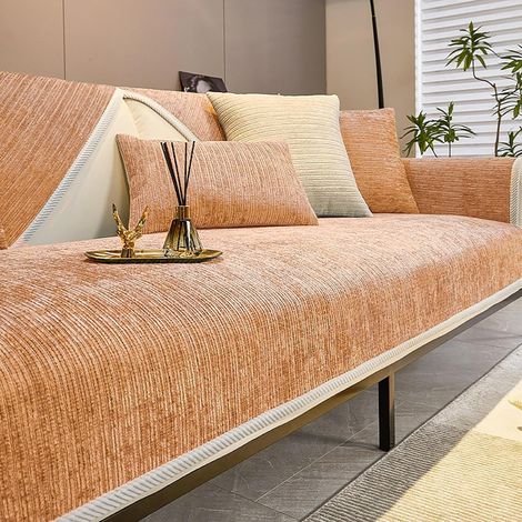 Housse De Canapé - Chenille Rayée Anti-Rayure Avec Fond Antidérapant - Pour Canapé Simple Ou Modulaire - Lavable En Machine - Orange - 1 Pièce (1/5)