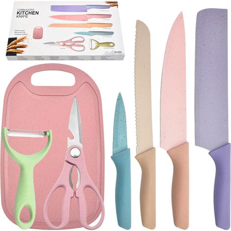 Ensemble de 7 couteaux en paille de blé comprenant un couteau de chef, un couteau à pain, un couteau à éplucher, des ciseaux, un éplucheur et une planche à découper. (1/5)