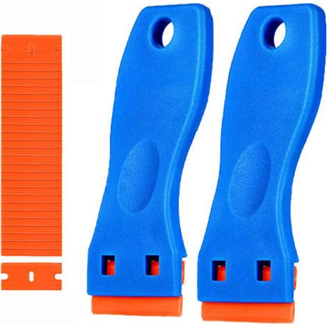 Deux paires de grattoirs en plastique avec 100 lames en plastique, n'abîment pas le verre lors du retrait de colle, d'autocollants, d'étiquettes et autres résidus. (1/5)