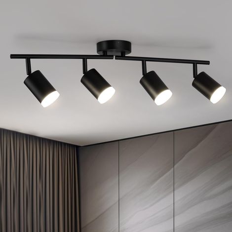 Noir Plafonnier LED 4 Spots Cuisine Lumiere Plafond Orientable Eclairage Précis, Lustre GU10 Ceiling Light Long Lampe Rampe Spot sur Rail pour Interieur Salon Bureau Chambre, Sans Ampoules (1/5)