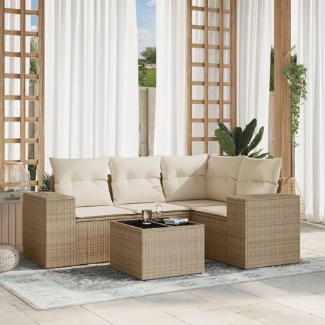 vidaXL 5-tlg. Garten-Sofagarnitur mit Kissen Beige Poly Rattan (1/5)