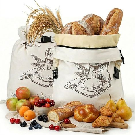 Lot de 2 sacs à pain en cire d'abeille avec fermeture éclair – Sacs de rangement réutilisables en coton et lin avec doublure en cire d'abeille naturelle pour pains au levain (Gris) (1/5)
