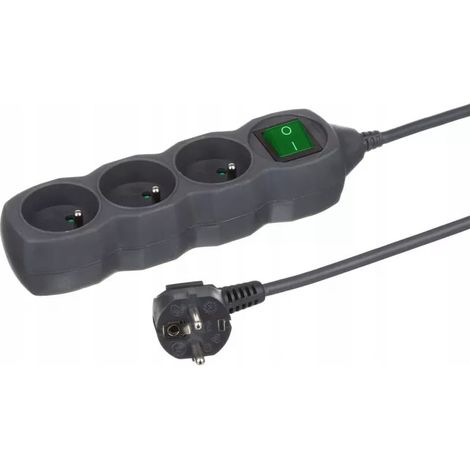 Cable alargador con interruptor, 3 tomas, 3 m, regleta de grafito.