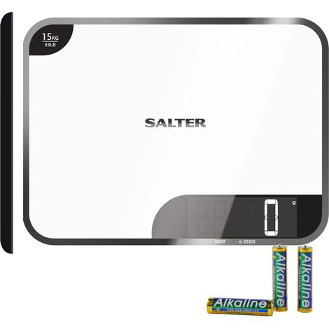 Salter 1079 WHDR - bilancia da cucina digitale di precisione, 15 kg max, misur liquidi e fluidi, aggiungi e pesa funzione tara, design sottile, displ. facile lettura, fin. specchio, bianco