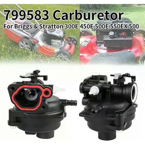 Carburateur 799583 593261 pour tondeuses à gazon Briggs & Stratton 300E, 450E, 500E, 550EX, 500 (125 cm³, 140 cm³). Compatible avec les références 591979, 591160 et 590556. (1/5)