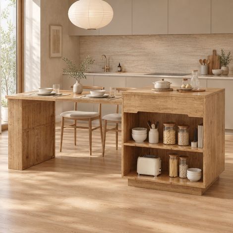 Isola cucina con tavolo allungabile 122-195 cm, LED, contenitori, effetto rovere, REDOM (1/5)