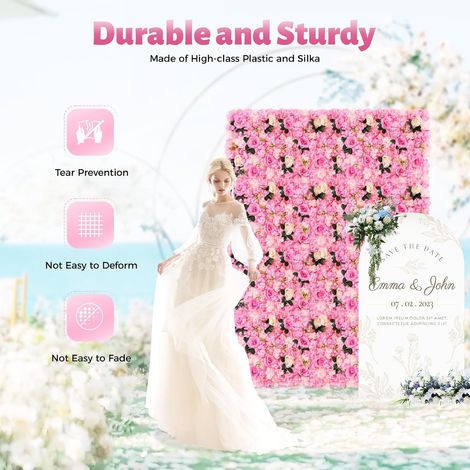 12 Stück künstliche Blumen Wandtafel, Seide Blumen Wandmatte, DIY 3D Blumen Tafel, künstliche Blumen Wand Dekoration Hintergrund, Hochzeitsparty Außen / Innen Hintergrund Dekoration, rosa (1/5)