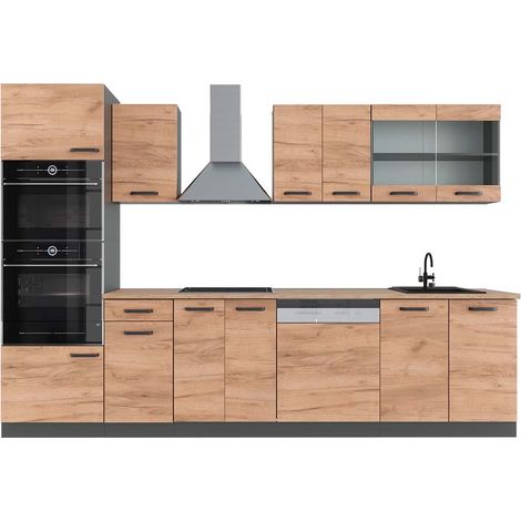 Küchenzeile R-Line, Goldkraft Eiche/Anthrazit, 300 cm mit Hochschrank, AP Eiche, Vicco
