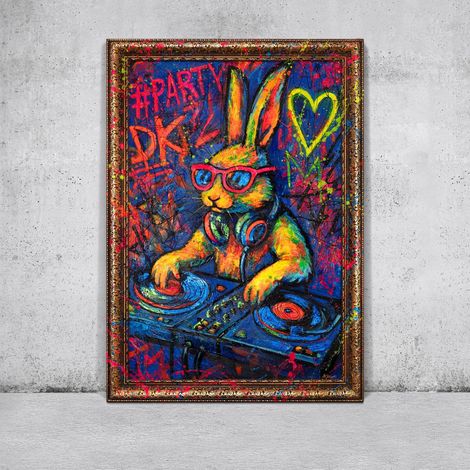 Gemälde Party-Hase Rahmen Gold 120x80 cm (1/5)