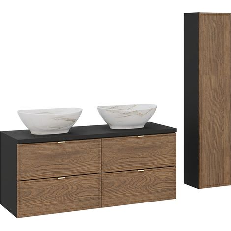 Badmöbel-Set 2-teilig mit 120 cm Doppelwaschtisch und Hochschrank in Eiche und schwarz - TARSIA-56 (1/5)