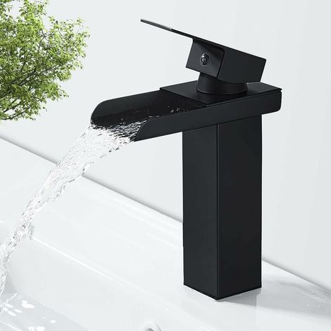 Mezclador de lavabo, mezclador de lavabo de latón negro mate para agua fría y caliente, válvula de cerámica, diseño cóncavo del mezclador de lavabo, G 3/8 (1/5)